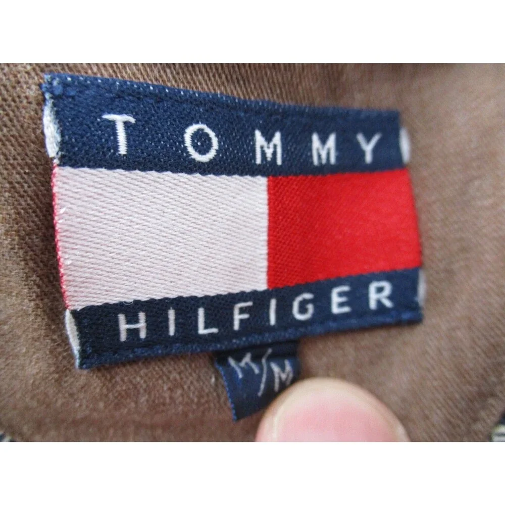 VINTAGE Tommy Hilfiger Shirt Men Medium Beige Herringbone Crest Button Up 90s - Picture 11 of 12